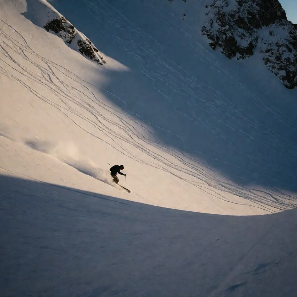 Esquiador descendiendo nieve polvo en una pista abierta de los Andes
