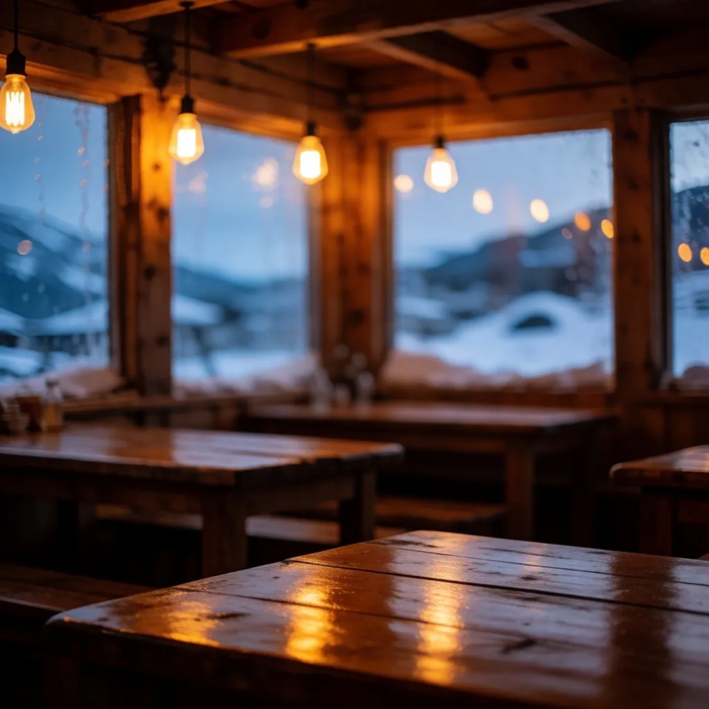 Interior de un parador de montaña al atardecer con iluminación cálida