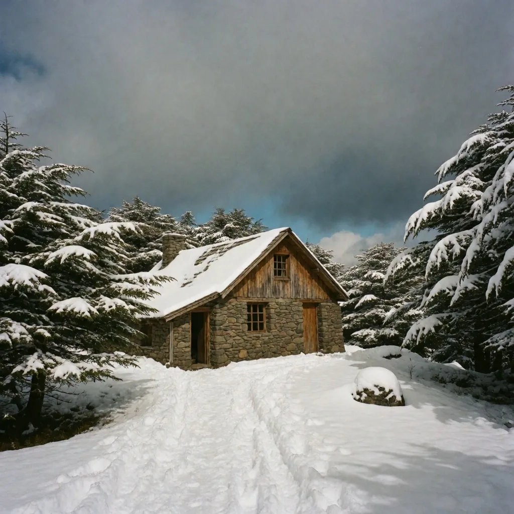 Refugio de montaña histórico de piedra y madera entre nieve y lengas