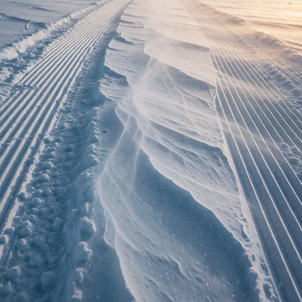 Superficie de nieve veteada por el viento en una pista al amanecer