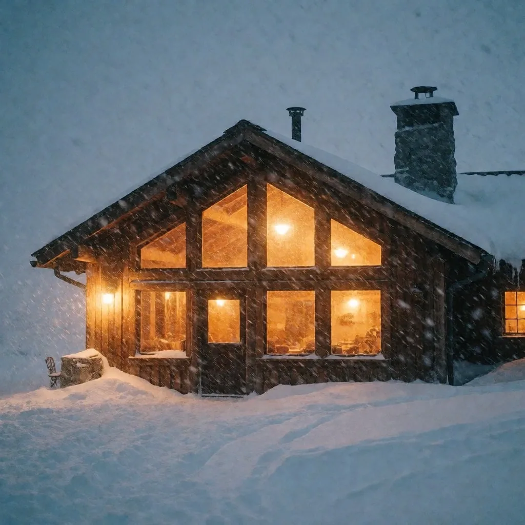 Base de un centro de esquí al atardecer con luz cálida y nieve cayendo