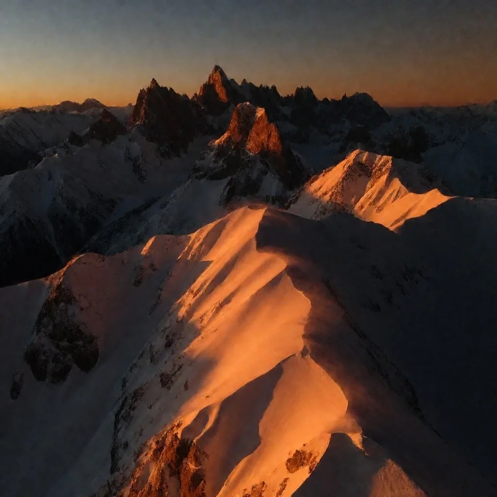 Vista aérea de los couloirs de la cordillera de los Andes al atardecer