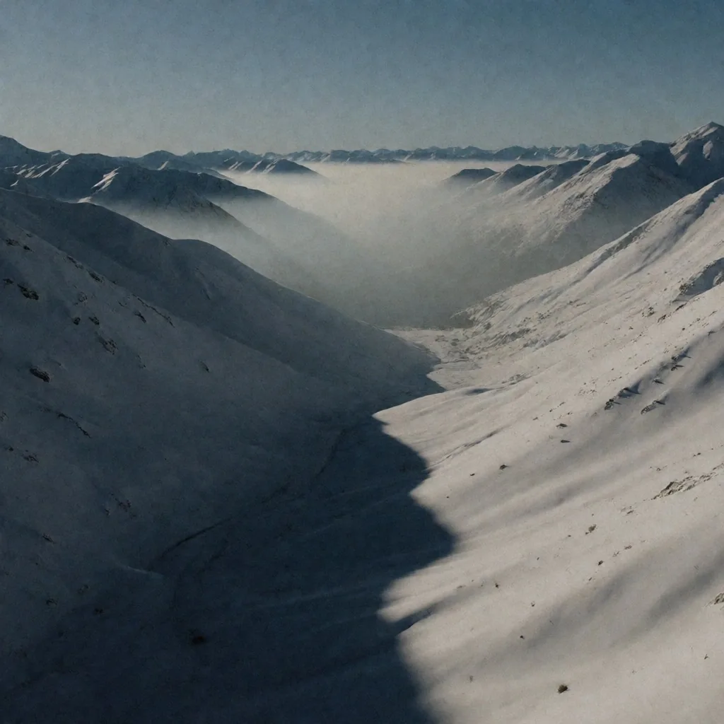 Valle andino cubierto de nieve al atardecer