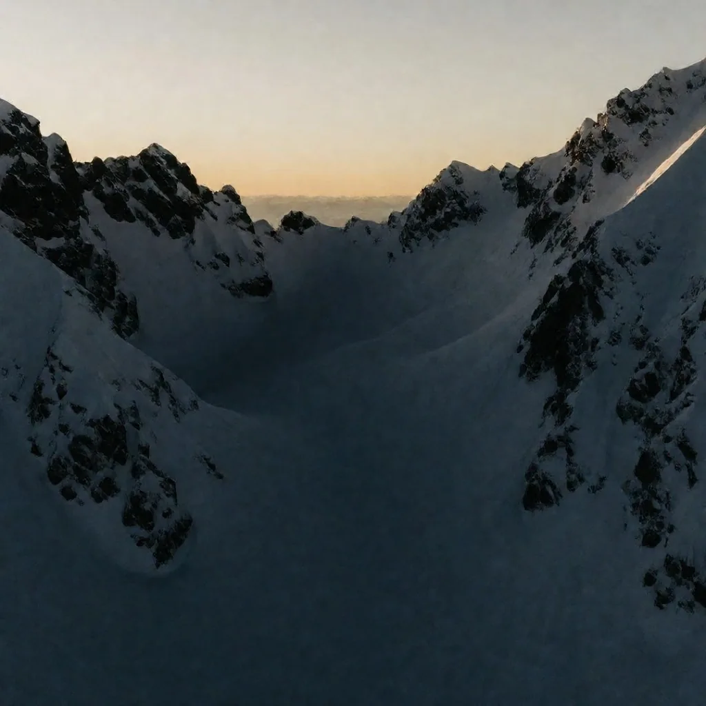 Vista aérea de un couloir en la cordillera de los Andes al atardecer