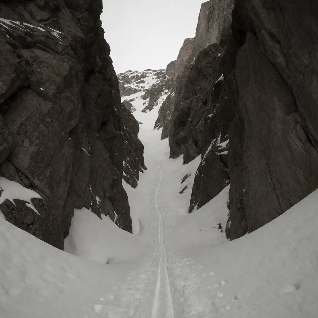 Couloir estrecho de nieve compactada en Las Leñas con huellas de esquí descendiendo entre paredes de roca oscura