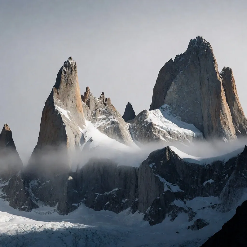 Cumbre del Cerro Catedral en invierno con cornisa de nieve esculpida por el viento y nubes bajas sobre la estación superior