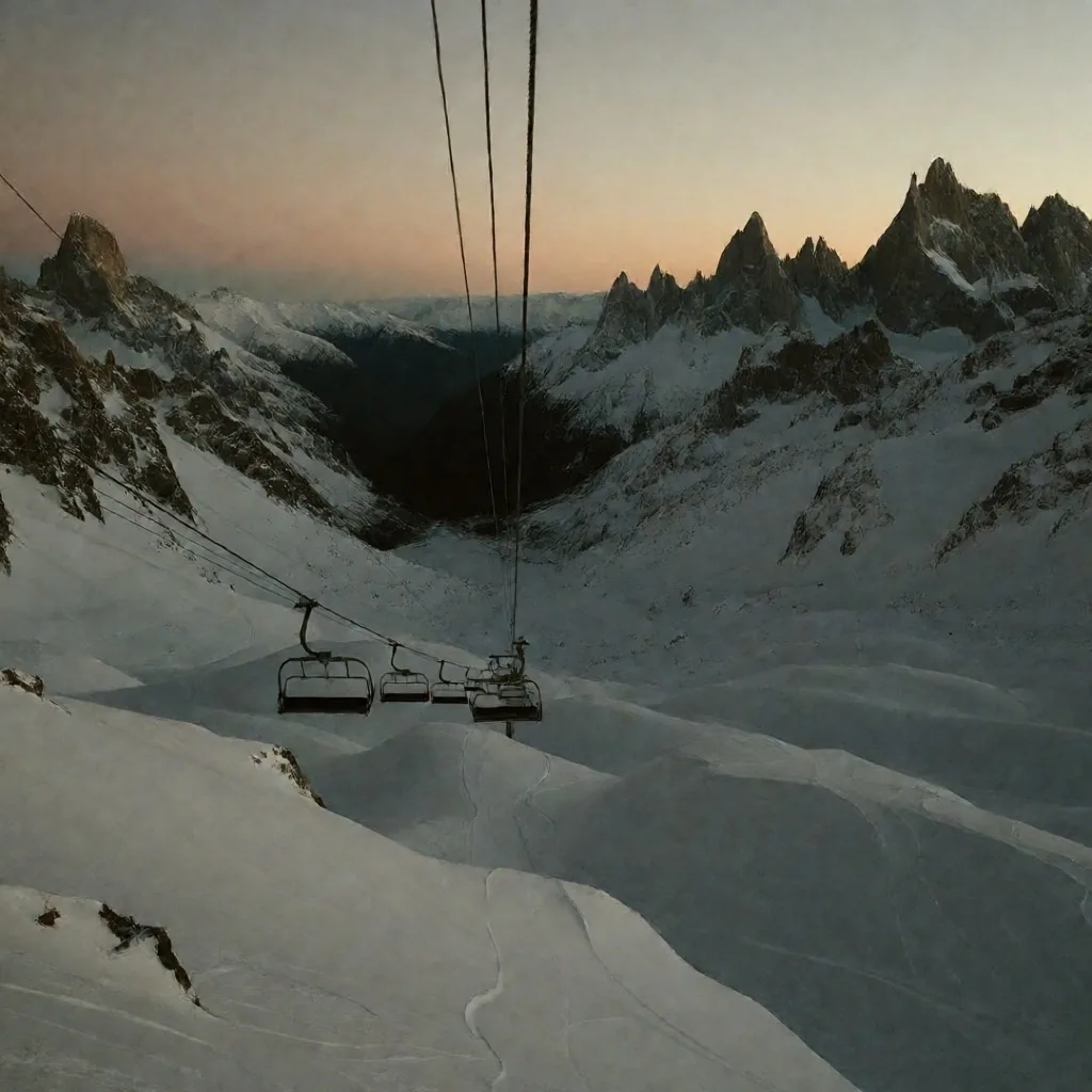 Valle andino al atardecer con pistas de esquí y líneas de cable bajo un cielo desaturado